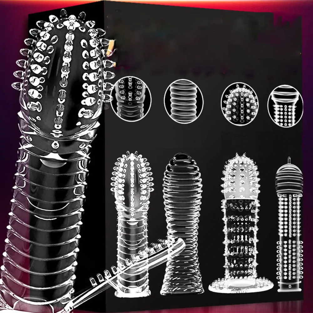 4pcs/Set Reusable Condom Crystal Cock Rings Adult Products Sex Toys Dotted Vibrator Sleeves Penis Extension Enlargement For Men