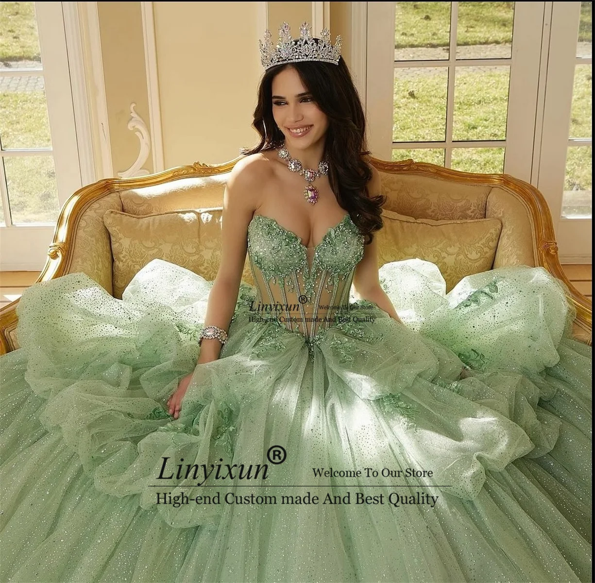 Sage Green Quinceanera Dresses 2024 Sweetheart Off Shoulder Princess Sweet 15 16 Years Old Birthday Prom Party Gown Backless