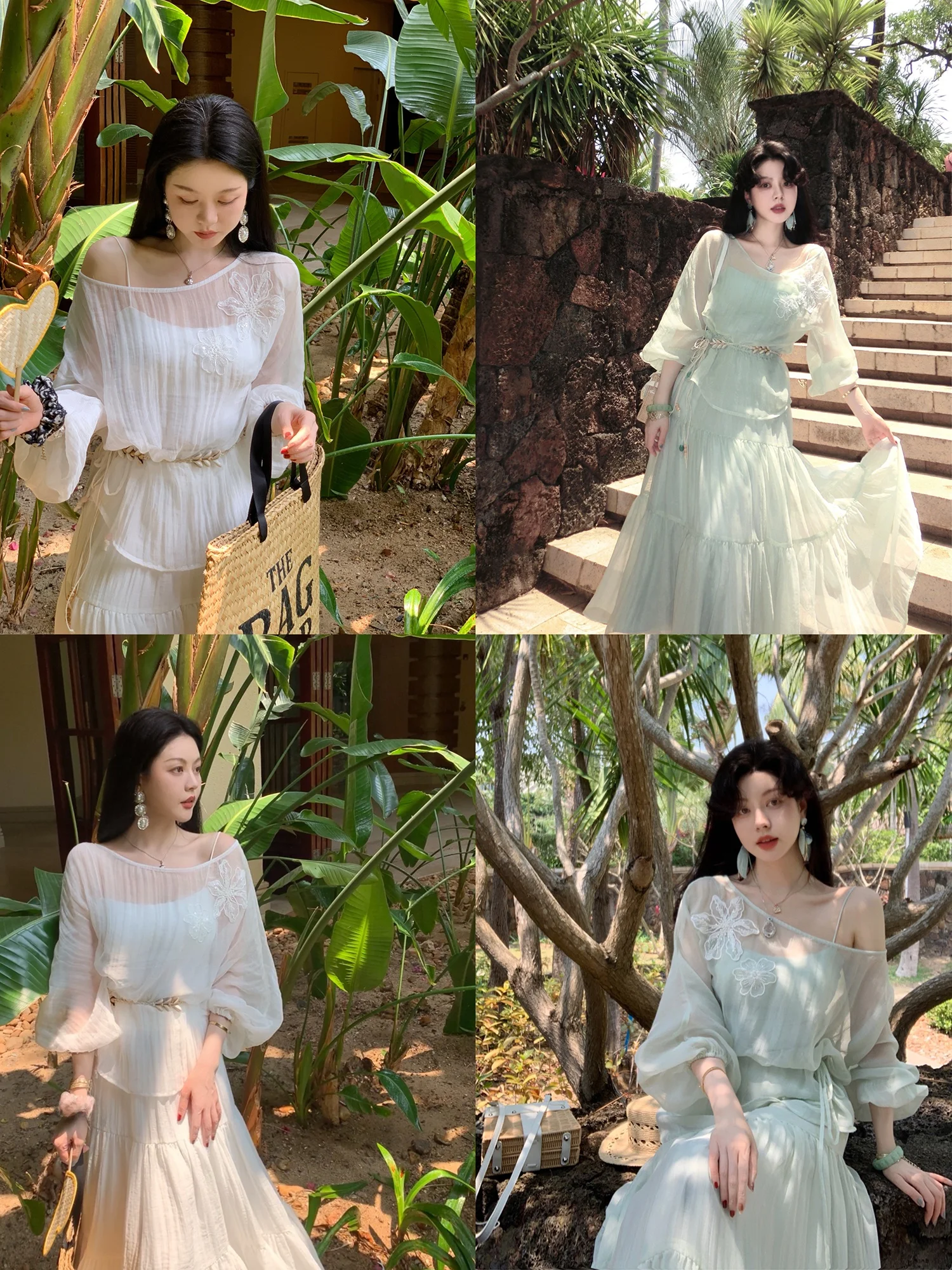 

Eees Summer f Skirt Set Women's Loose Feelings Bead Embroidery Linen Transparent Casual Sle round Ne Long Sve Top