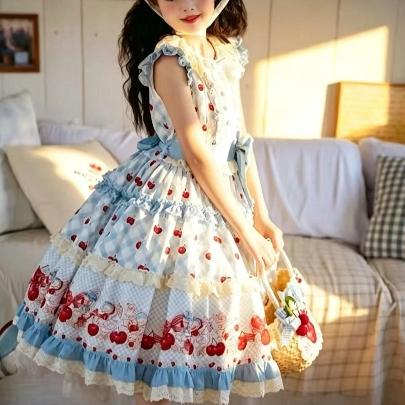 kids-cherry-print-lolita-princess-dress-blue‑and‑white-plaid-lace-tiered-skirt-vintage-children-cosplay-birthday-party-outfit