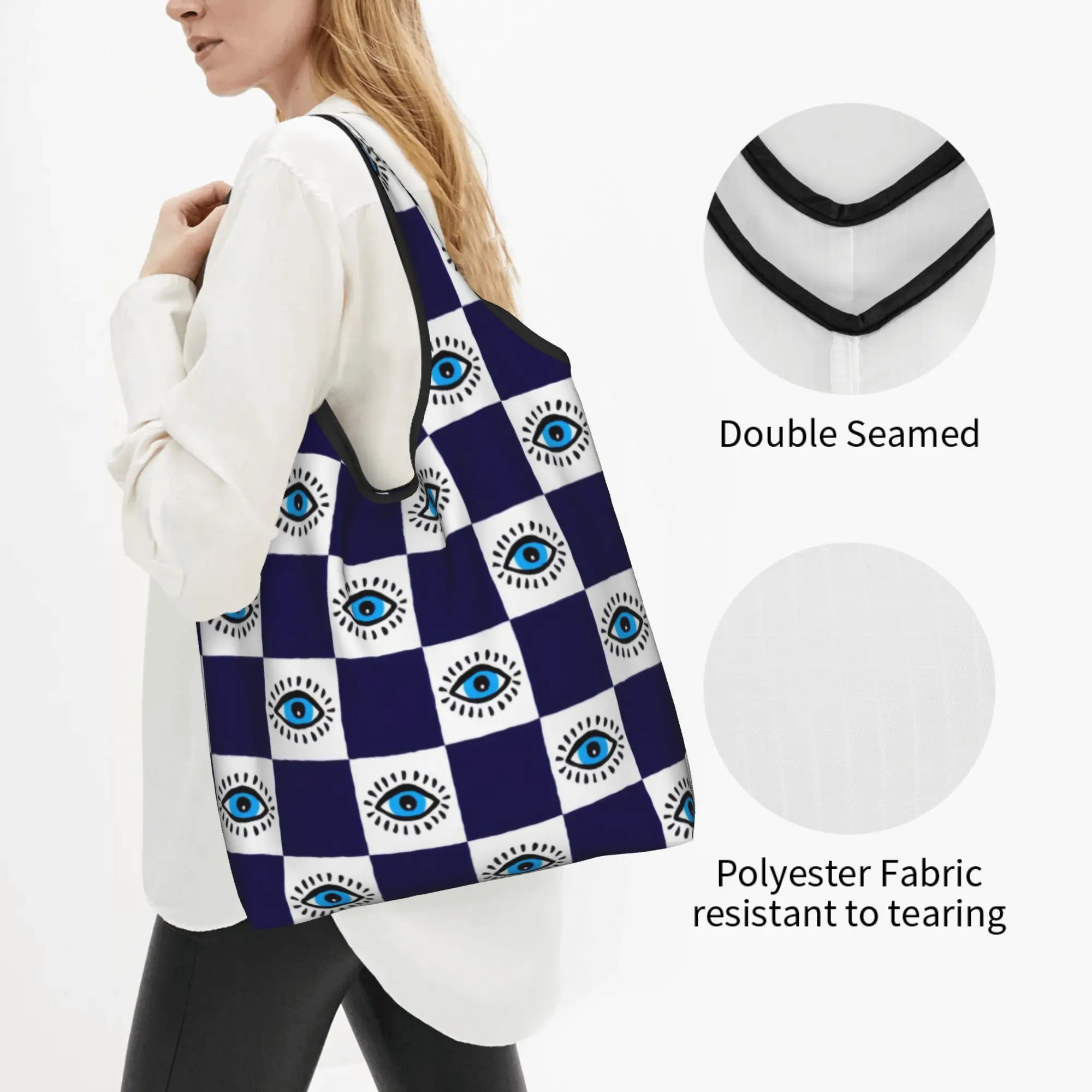 Custom Evil Eye Nazar  Checkered Plaid Shopping Bags Women Portable Big Capacity Groceries Hamsa Lucky Charm  Tote Shopper Bags
