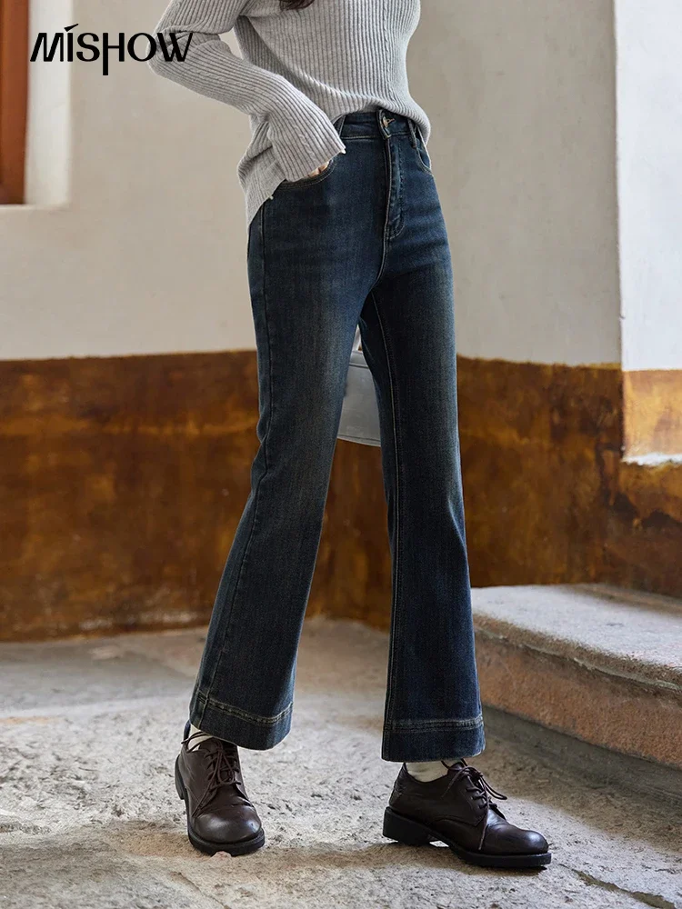 

MISHOW High Waist Straight Bootcut Jeans Women Winter Clothing Versatile Office Lady Plus Velvet Thick Denim Trousers MXD58K0864