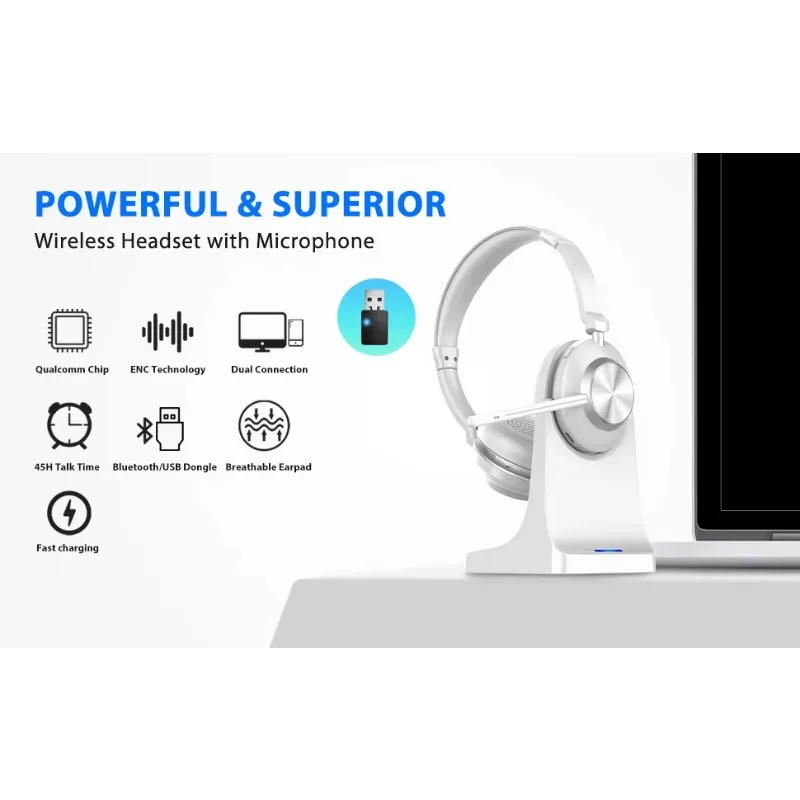 ENC Noise Cancelling Wireless headset with /Mute/Charging Dock/USB Dongle for Computer Cell Phones Ms Team Skype Zoom