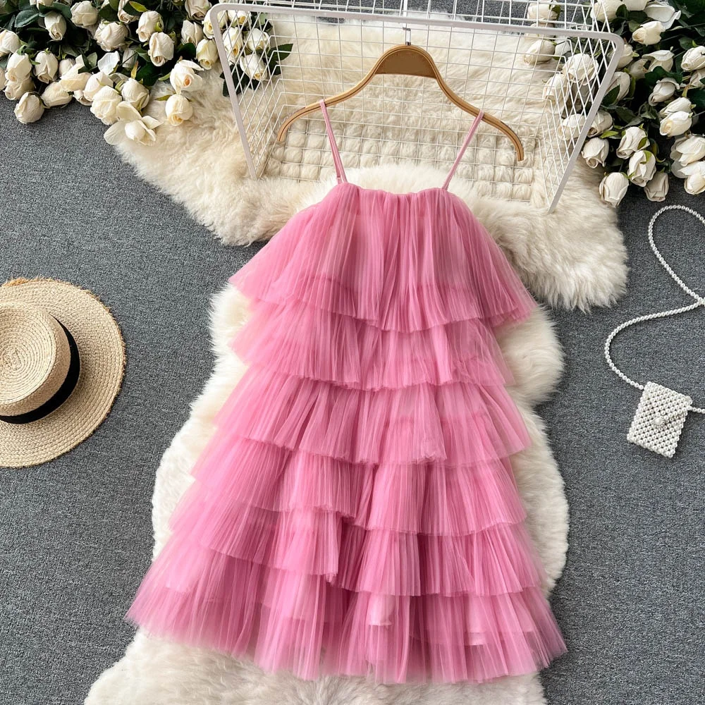 Clothland Women Sexy Mesh Strap Dress Spaghetti Straps Ball Gown Candy Color Chic Mini Dresses Vestido QD869