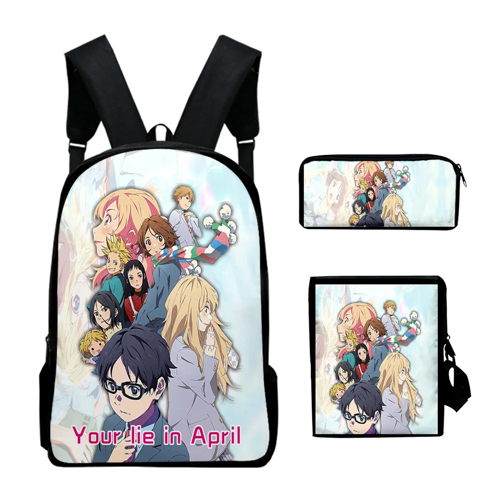 Classic Novelty Your lie in April 3D Print 3pcs/Set pupil School Bags Laptop Daypack Backpack Inclined shoulder bag Pencil Case