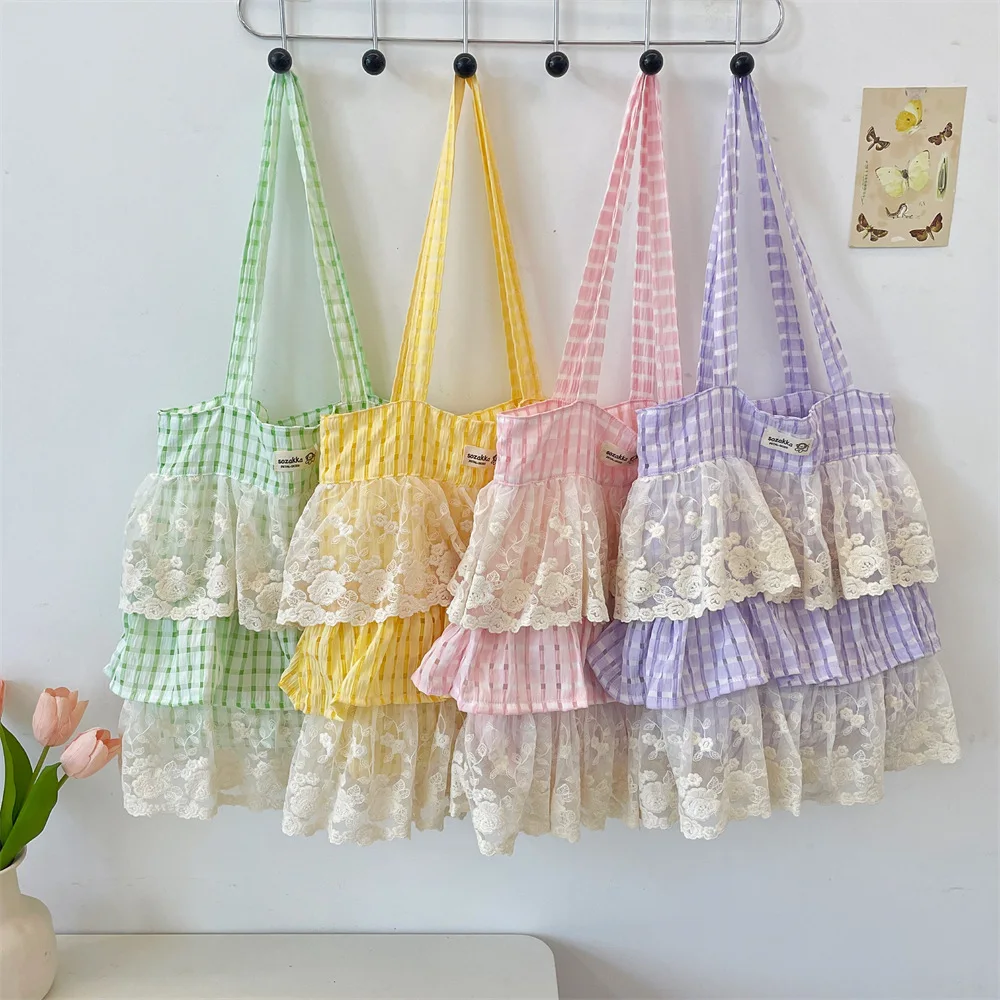

Sweet Lace Edge Women's Handbags Plaid Shoulder Bags Candy Color Large Capacity Tote Lightweight Portable Female Shopping Bags