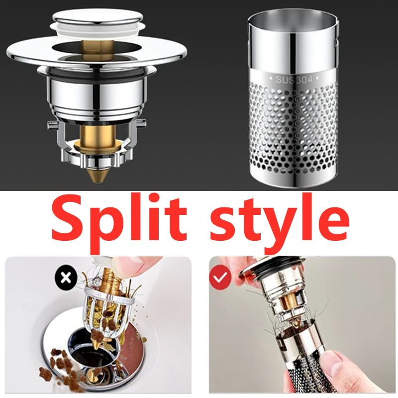 Washbasin Leak Plug New Style Press Type Sink Drain Stainless Steel Odor Proof Bouncing CoreSink Drains Filter Bathroom