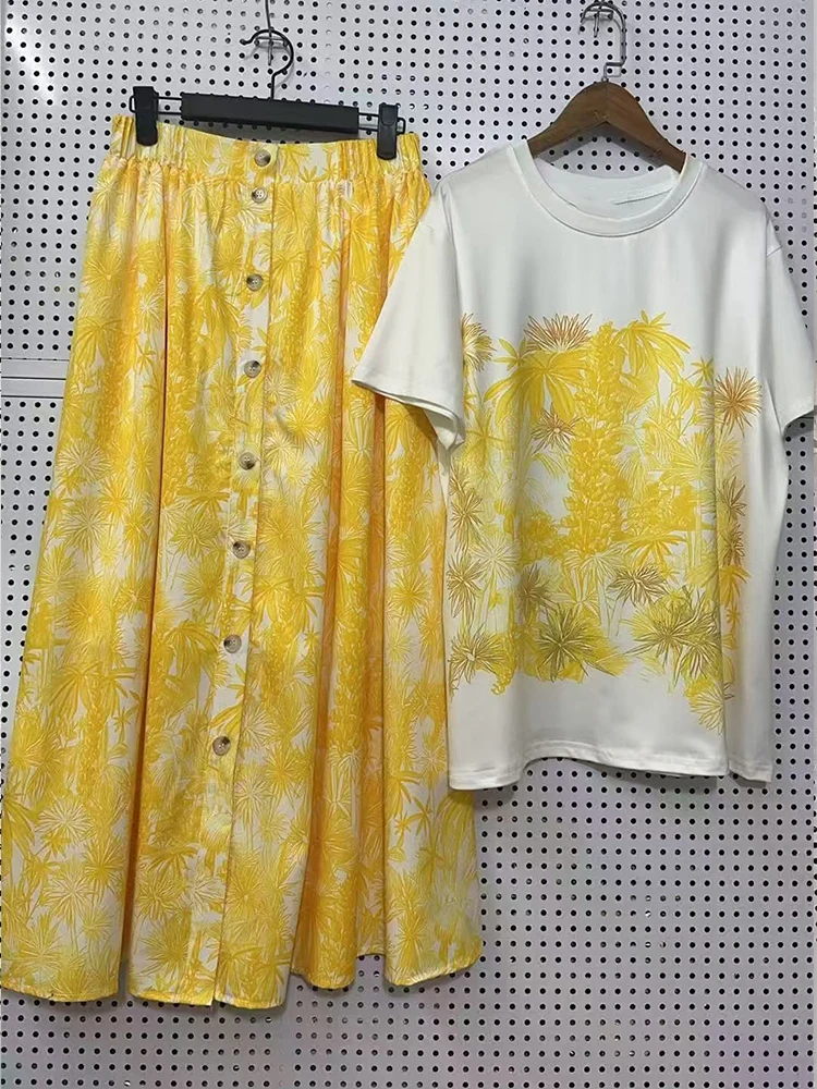 

Весенне-летняя женская новая футболка с короткими рукавами и принтом в стиле ретро, свободная юбка на пуговицах с эластичной резинкой на талии, модная женская костюм из двух предметов