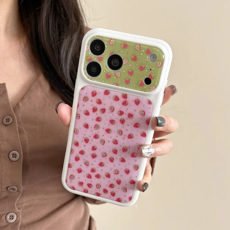 

Fashion Pink Strawberry Cute Phone Case For iPhone 17 Pro 16 15 Pro Max Back Cover with Chain Shockproof Lovely Protective Cases