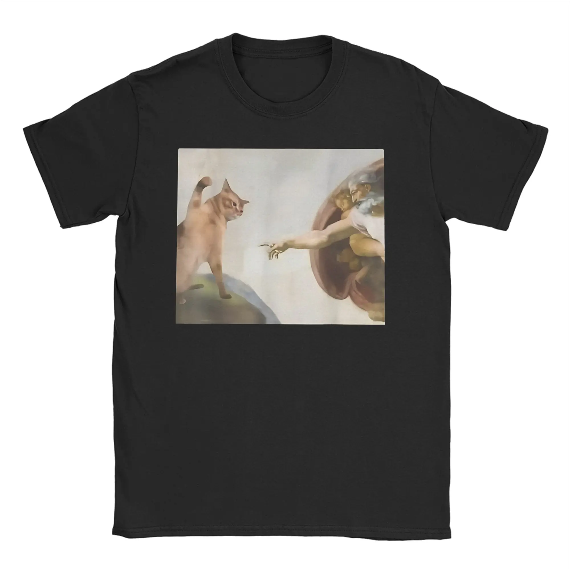 Camisetas divertidas de gato y Dios creación de Adam Jesus Gen Z Meme para hombres y mujeres, camiseta humorística, camiseta con cuello redondo, ropa estampada de algodón