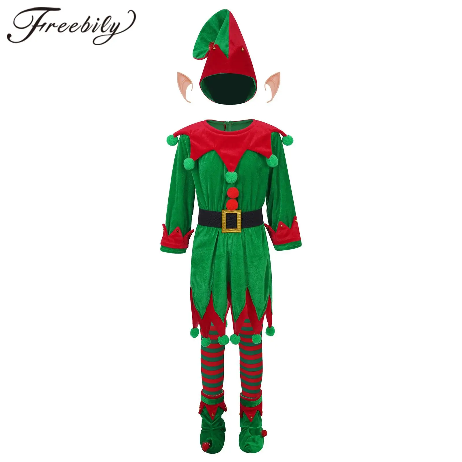 Kids Girls Boys Elf Cosplay Costume Christmas Party Elf Ears Xmas Hat Dress Belt Shoes Covers Striped Stockings Accessories Set