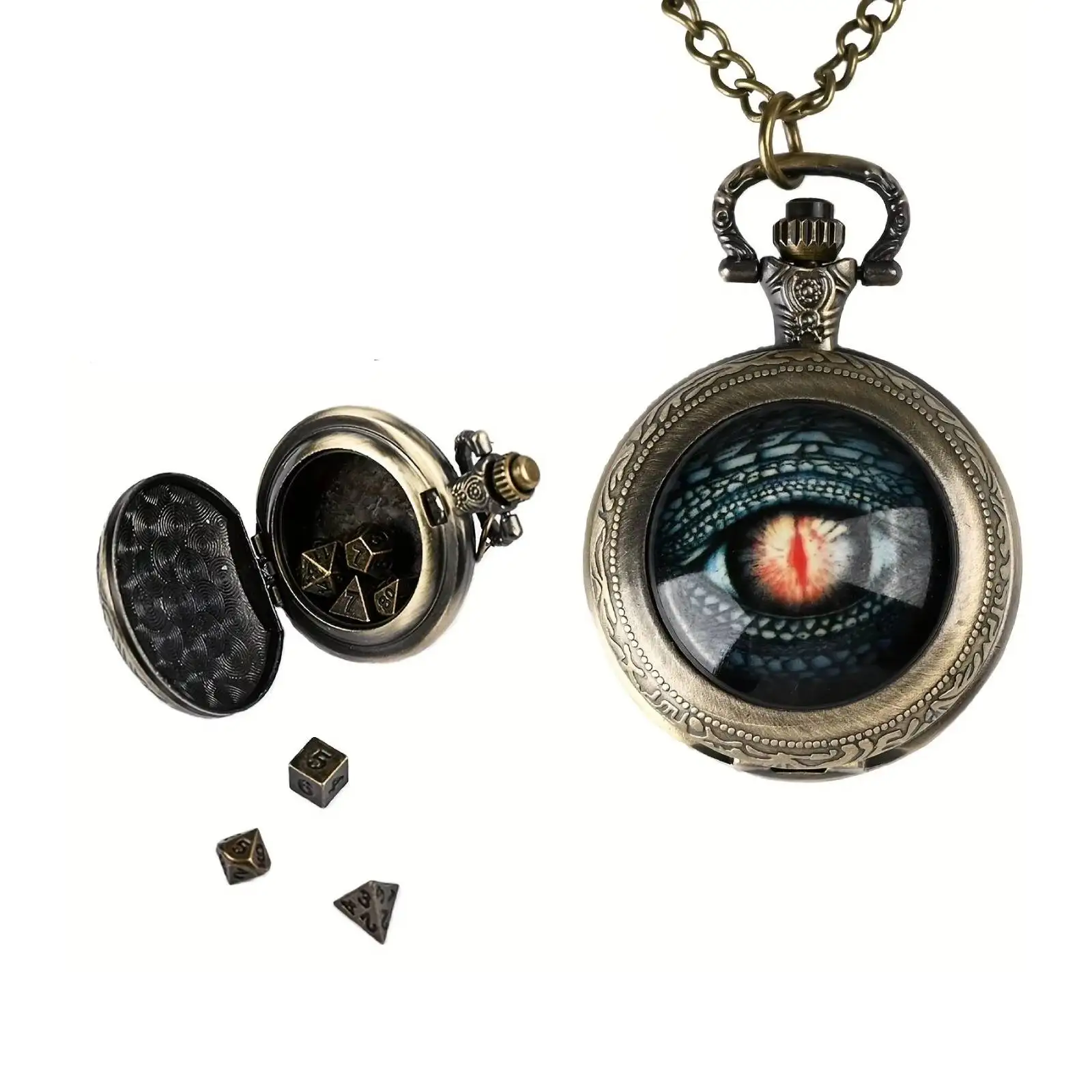 

Dragon DND Dice Vintage Bronze Pocket Watch Case with Mini Dices Pocket Watch Chain Birthday Gifts for Role Play Games Players
