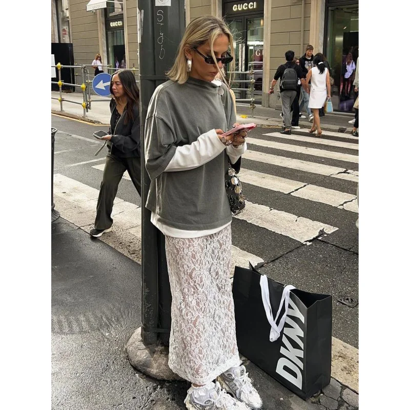 

White Lace Skirt2025Street Trend Jacquard Hollow Out Back Split Lace Skirt Women's Clothing