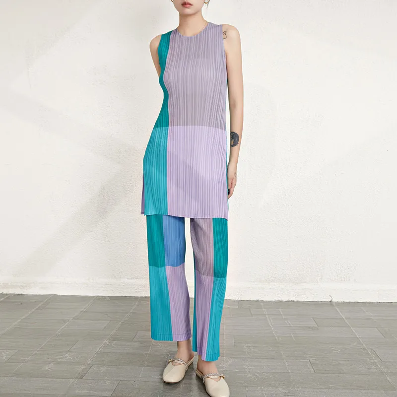 Pant Sets Women's Stretch Miyake Pleated Contrast Color Suits Summer 2023 New Round Neck Sleeveless Long Top + Ankle-Length Pant