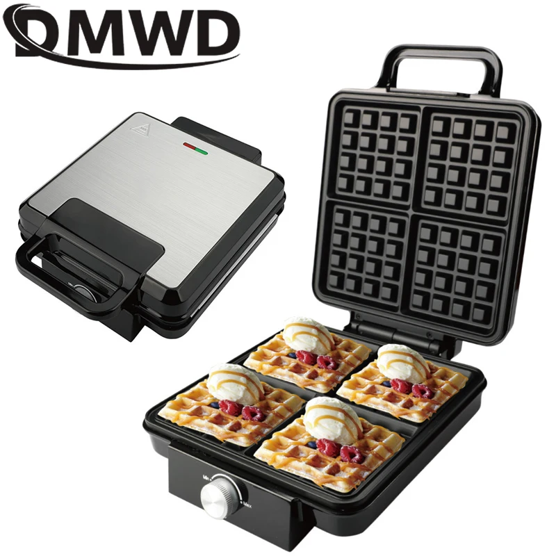 DMWD Elektrisches Waffeleisen, Multifunktions-Frühstücks-Krepp-Backmaschine, Muffin-Grill, Eierkuchenofen, 4-teiliges Waffel-Backgeschirr, EU