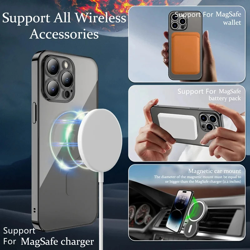 For Magsafe Magnetic Wireless Charge Transparent Case For iPhone 15 14 13 12 11 Pro Max 14 Plus Luxury Plating Silicone Cover