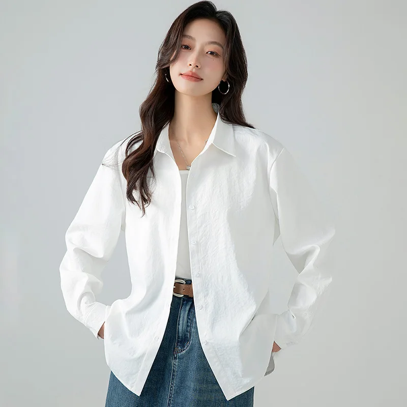 New Female Spring And Autumn Loose Fashion Versatile Commuting Casual Top For Women Simple Solid Color Collar Long Sleeve Shirt