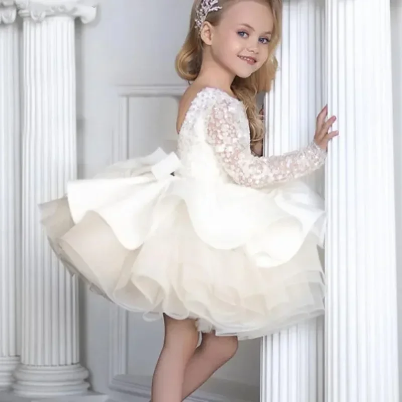 Ivory Flower Girl Dress Tulle Fabric V Back Bow Tutu Knee Princess Baby Girl Birthday Party First Communion Wedding Gown