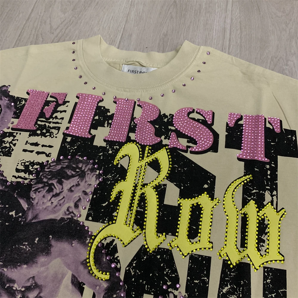 Washed FIRST ROW Rhine Stone Graphic Crop T-Shirt Men Women Unisex Rhinestone Loose Top T Shirt Tee