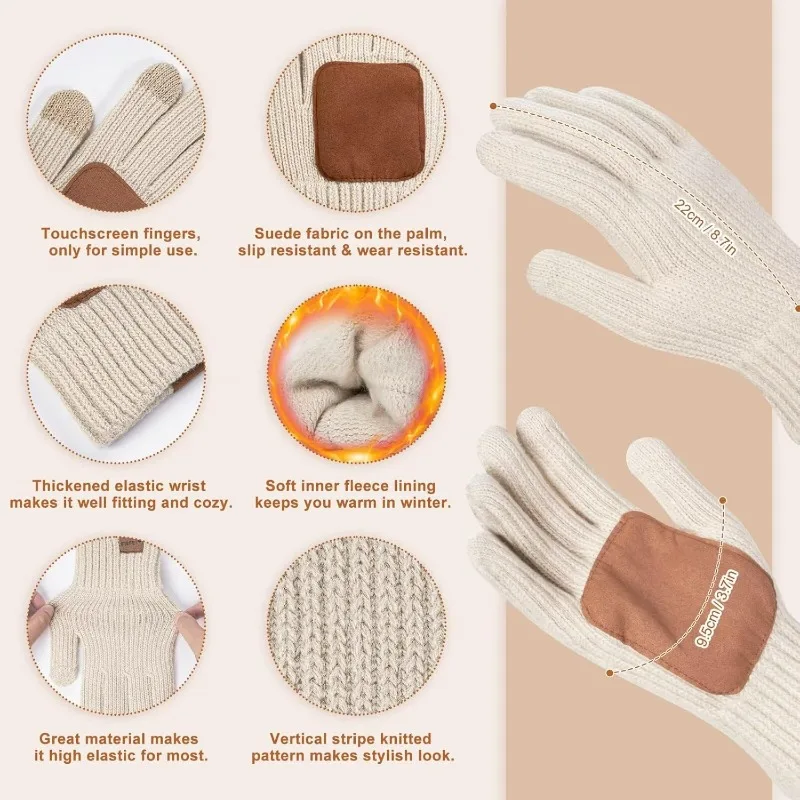 Women's three piece winter warm suit, beanie wool lined scarf neck warm touch screen gloves for cold outdoor warmth