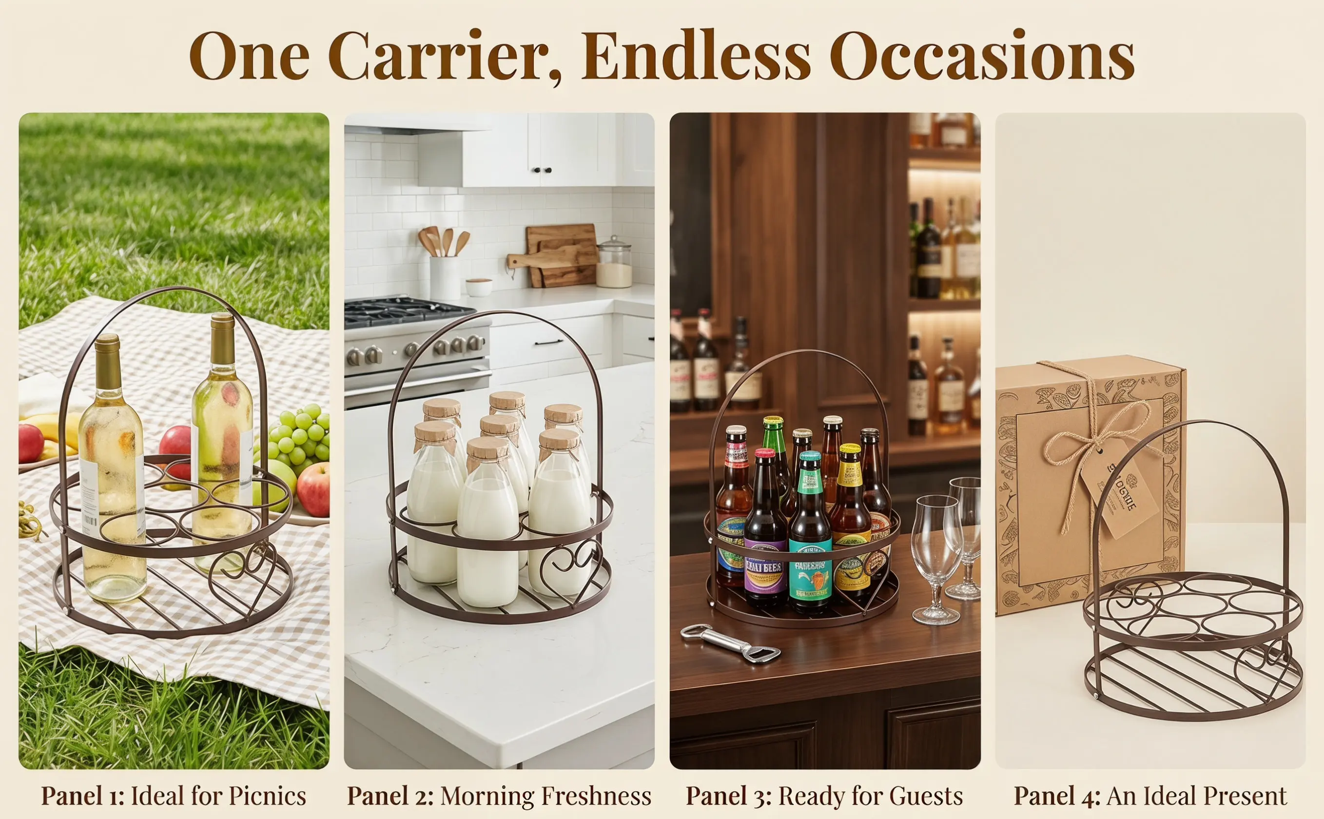 Heavy-Gauge Metal Beer Basket 6-Bottle Beer Bottle Carrier with Wide Comfort Handle Versatile Drink Rack for Bars Homes Parties
