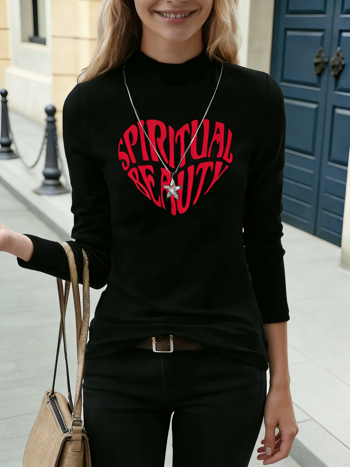 Vrouwen Mock Hals Lange Mouw Tops Rode Spirituele Schoonheid Hart Print Casual Blouse Mode Dagelijks T-shirt Zachte Top Voor Lente Herfst