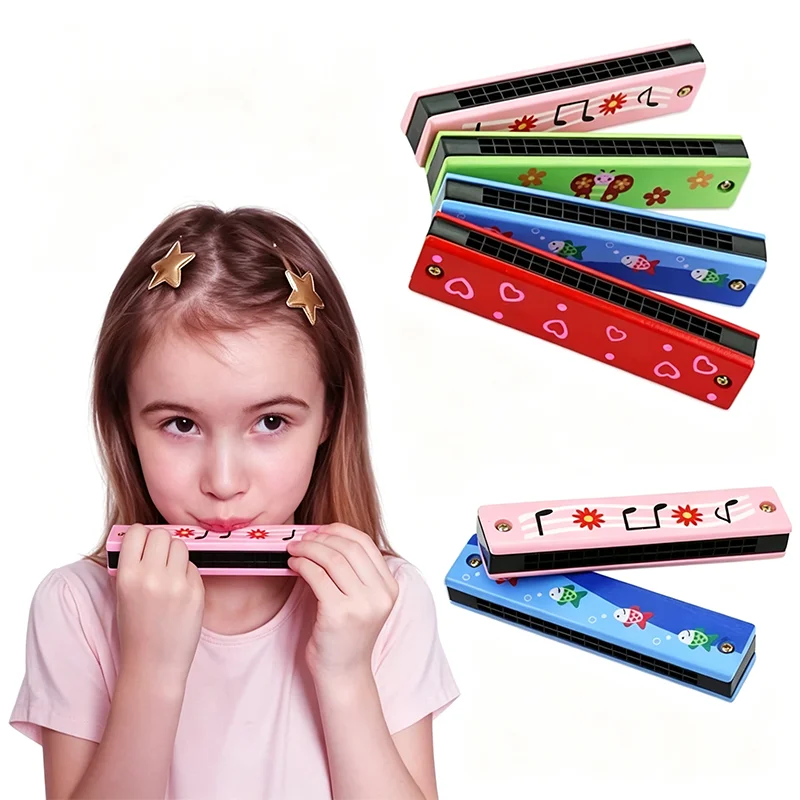 Wooden Painted Harmonica Montessori Puzzle Toy cartoon Pattern Musical Instrument Enlightenment Music Toy