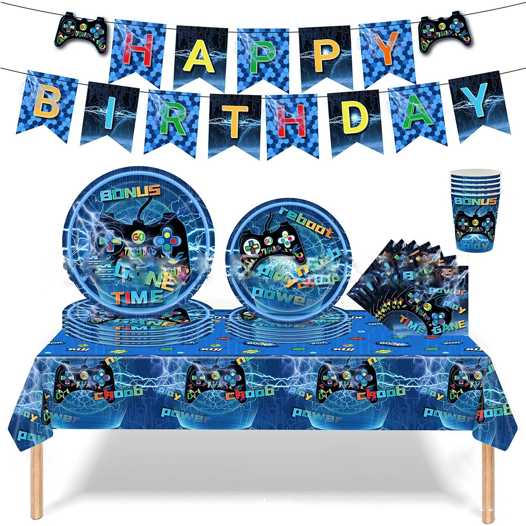 

Boys Blue Esports Game Theme Party Disposable Tableware Game Time Game Handle Plates Cups Napkin Kids Happy Birthday Party Decor