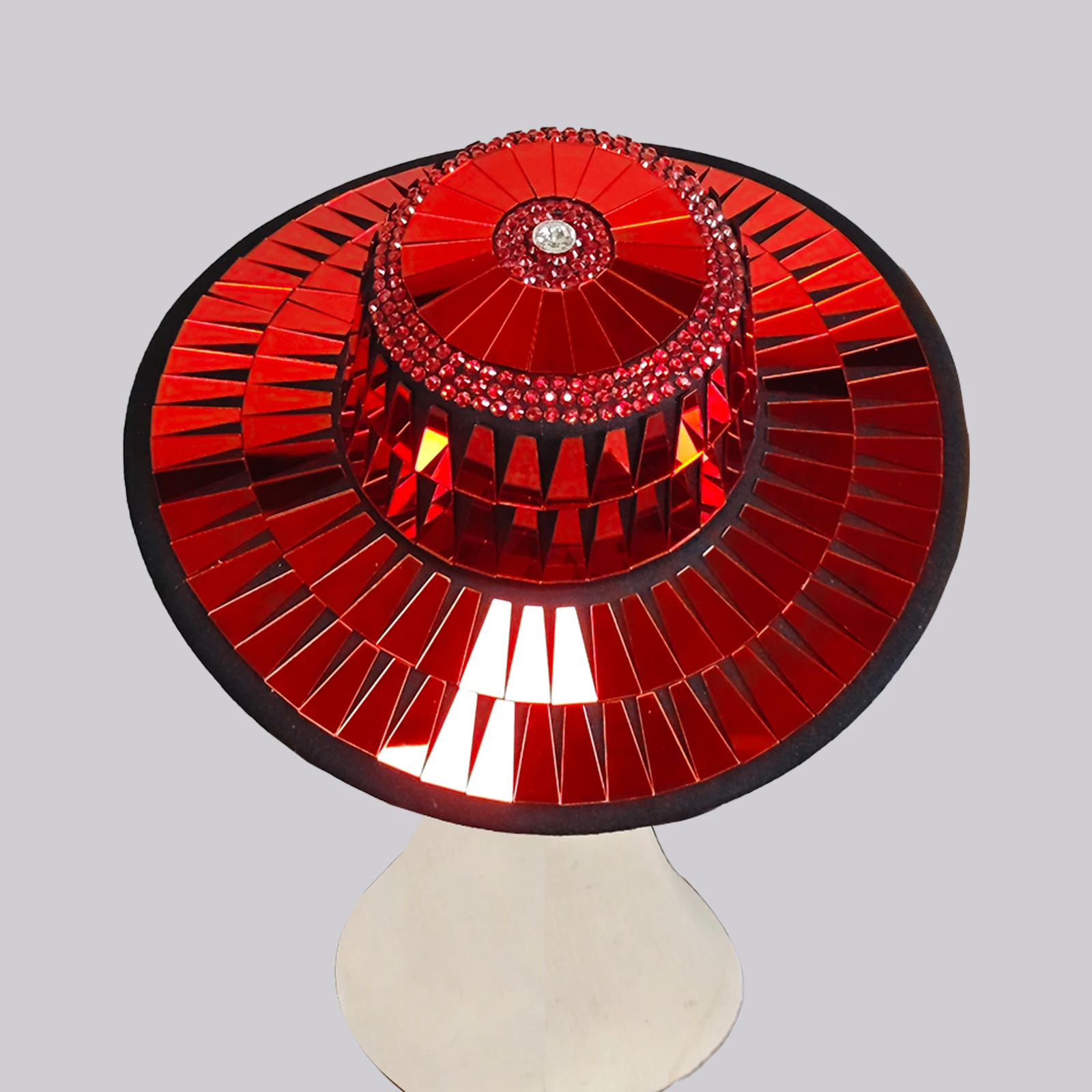 Glitter Red Rhinestones Mirror Hat Jazz Birthday Club Sombrero Festival Performance Singer Prom Stage Accessories Evening Party