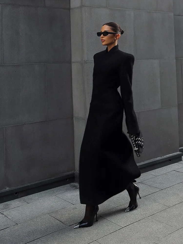 معطف نسائي أنيق طويل برقبة على شكل حرف v سترة ضيقة واحدة الصدر بخصر مغلق للسيدات لخريف وشتاء 2025 ملابس خروج نسائية أنيقة