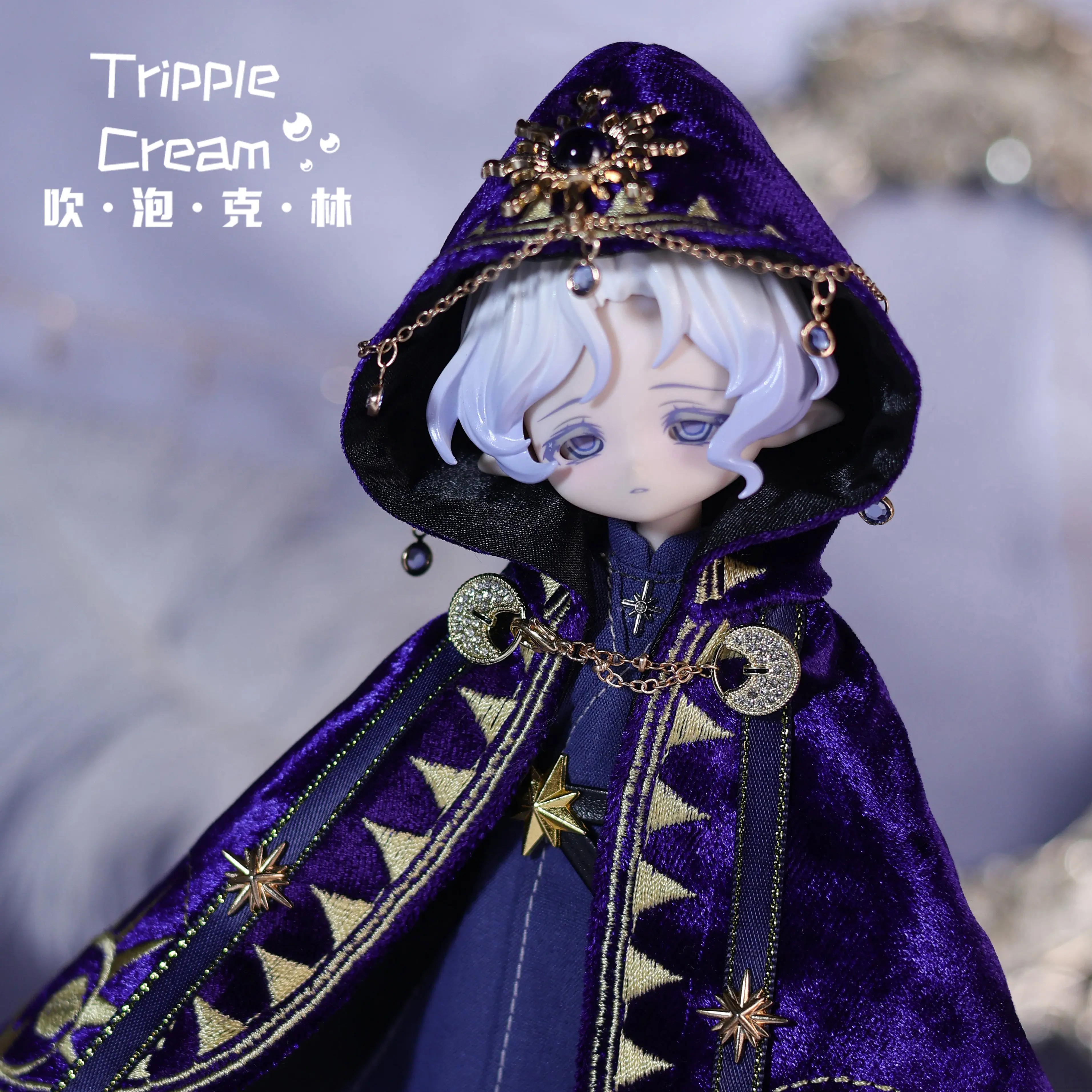 TrippleCream 1/12 BJD Doll Clothes Temple Sacrifice Magic Cloak Hooded RobePurple Velvet Cape Star Gem Pattern Embroidery Outfit