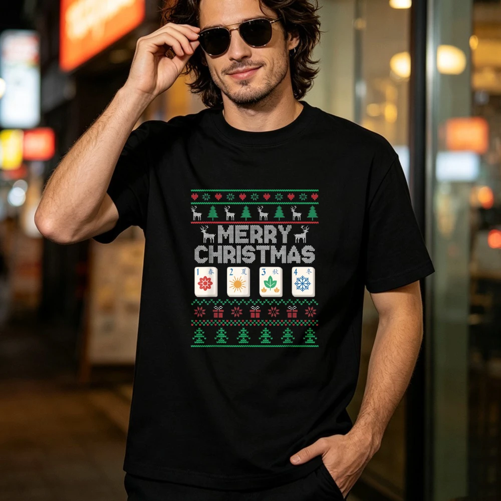 Xmas Merry Christmas Tile Game Mahjong Player Retirement T-Shirt Retro Christmas Unisex Fashion Top Mahjong Club Cotton T Shirt