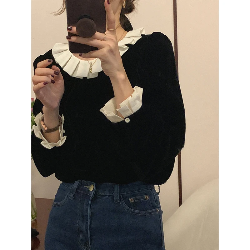 Vintage Black Velvet Shirts Women Elegant Ruffles Patchwork Blouses Fall Winter Korean Long Sleeve Single Breasted Chic Tops New