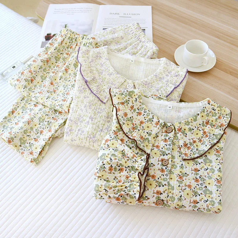 

Spring Autumn Women's Pajamas Loungewear Set Girl Floral Cardigan Pajamas Loungewear Long Sleeve Shirt Pants Set