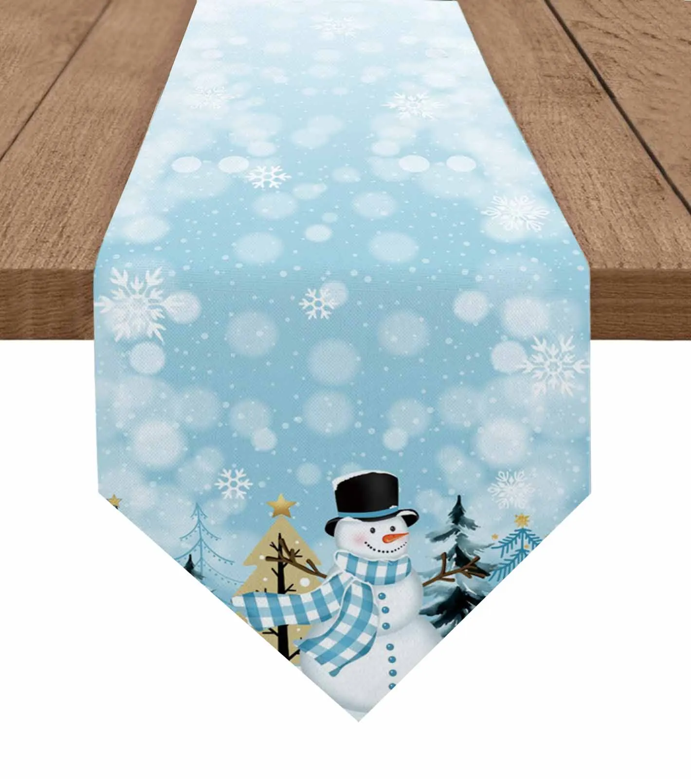 

Gradient Blue And White Snowman Table Runner Cover Cotton Linen Wedding Table Decor Tablecloth Kitchen Decor