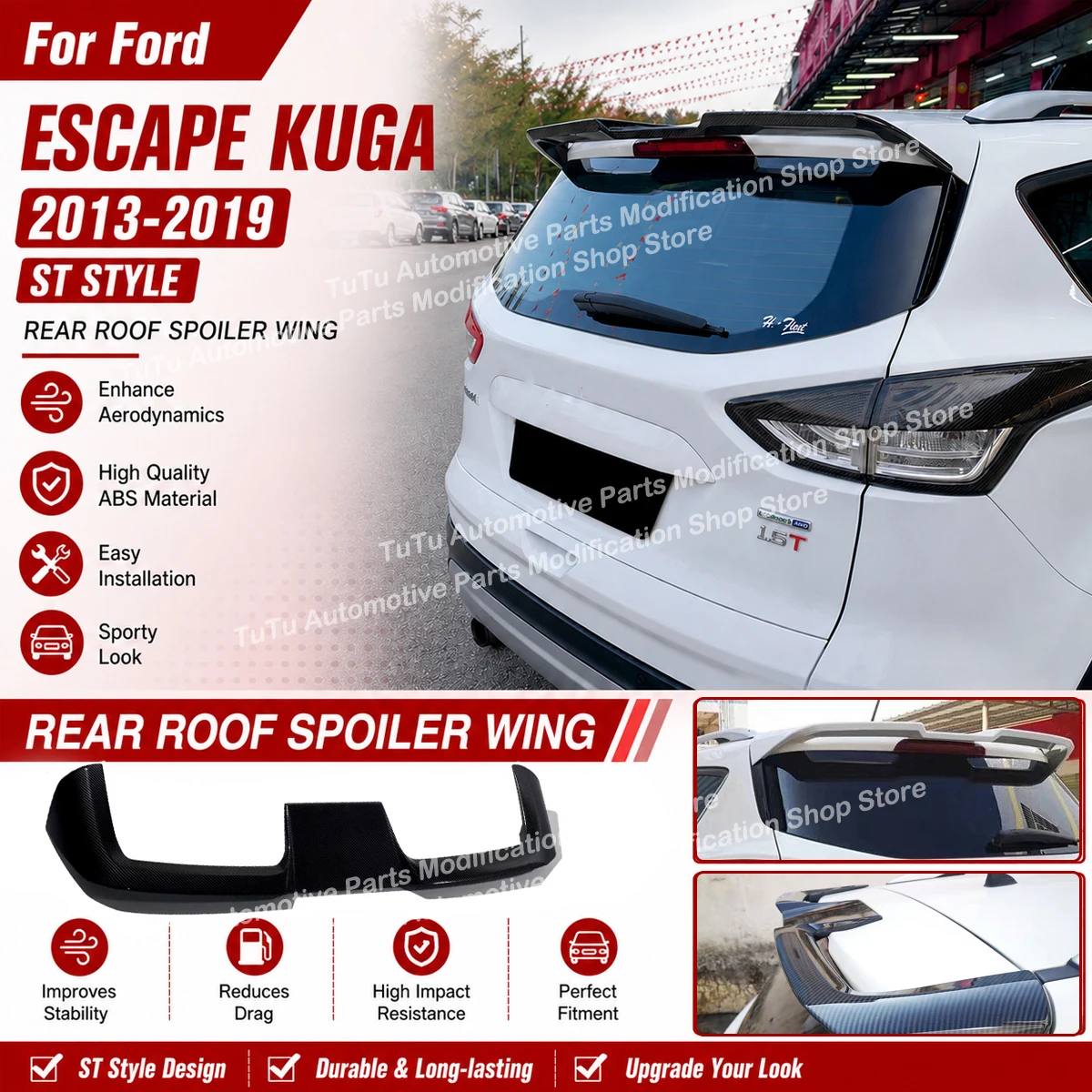 Alerón Trasero para Ford Escape Kuga 2013-2019, Protector de Techo Trasero, Estilo ST, Accesorios de Tuning