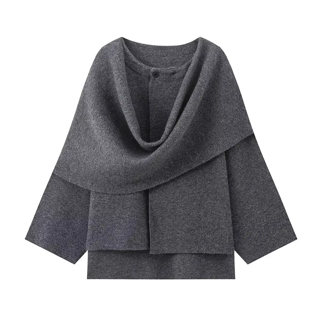 

2025 Spring European Sle ort Knitted Sweater Scarf Design Polyester Fiber Long Sve Regular Fit Women's Faion Top