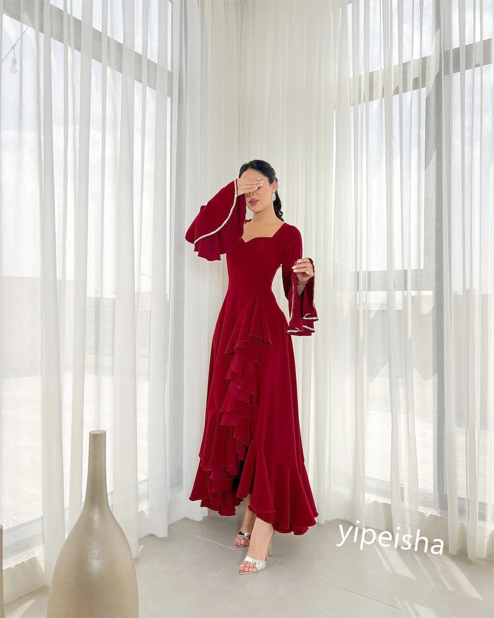 Ball Dress Saudi Arabia Prom Velour Draped Ruffles Formal Evening A-line Square Neck Bespoke Occasion Gown Midi Dresses