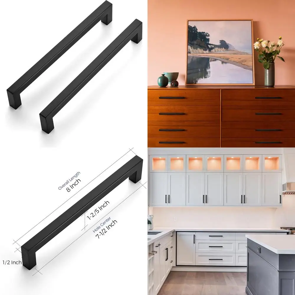 

Matte Black Square Cabinet Pulls 7-1/2 Inch Kitchen Hardware Set of 30, Modern Drawer Handles for Cabinets