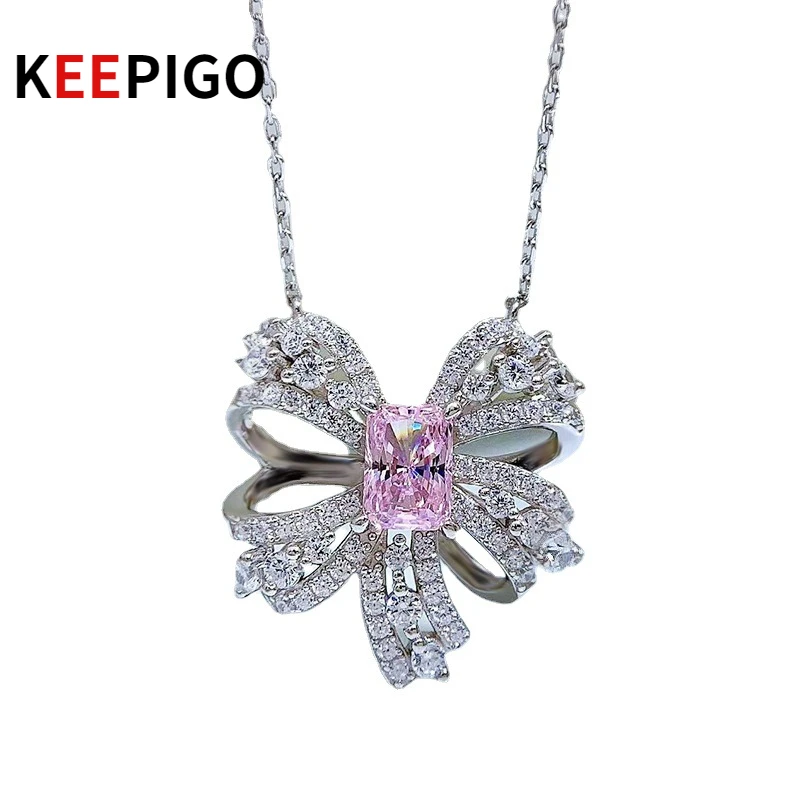 

KEEPIGO Real S925 Sterling Silver 5*7mm Pink High Carbon Diamond Butterfly Pendant Necklace Birthday Gift Fine Jewelry RA223