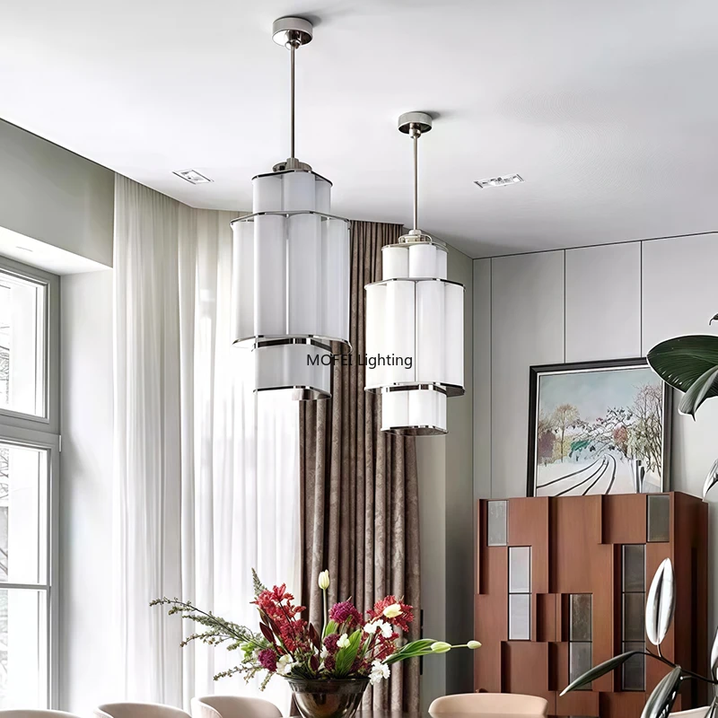 Nordic Modern Hanging Chandelier Living Room Bedroom Loft Round White Acrylic Pendant Light Stainless Steel Ceiling Lamp LED