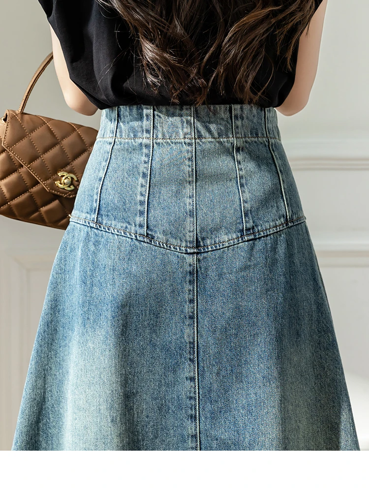 Vintage High Waist Long Denim Skirt Women Casual Fashion Jeans Skirt Zipper Maxi Denim Skirts Autumn Winter 2024 New Blue Skirts