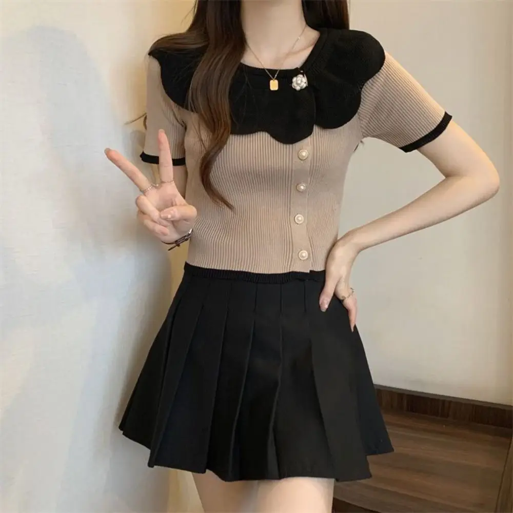 OネックフリルニットTシャツフラワーボタンショートスリムクロップトップスシャツシングルブレストストリートウェアショートニットウェアベスト夏