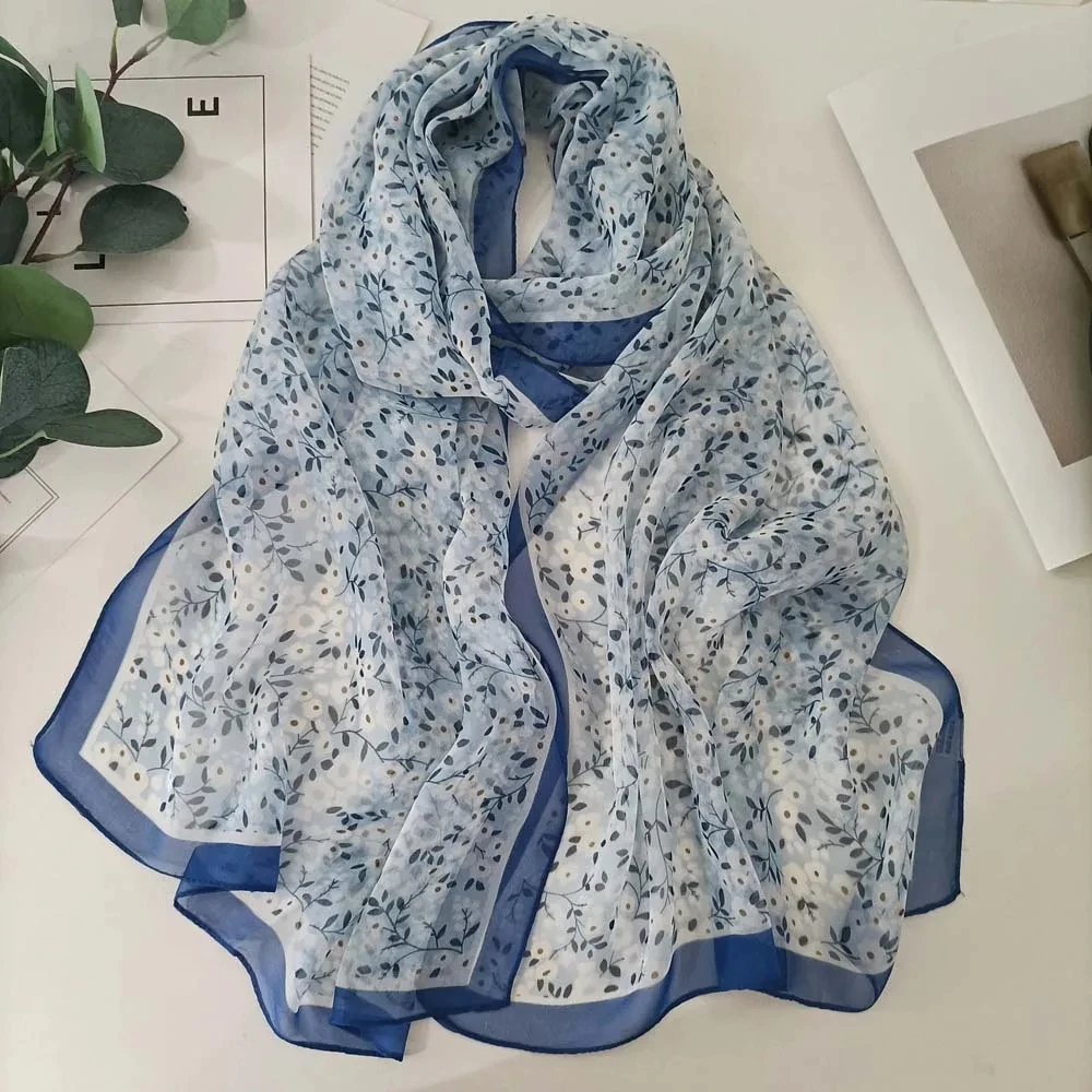 Lenço de seda chiffon para mulheres, xale fino, cheio de estrelas, estampa de flores, bandana longa, hijab, verão