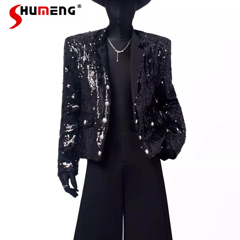 سترات رجالية جديدة لخريف 2025 مُزينة بالترتر اللامع سترات شخصية أنيقة مزدوجة الصدر وأكمام طويلة سترات فريدة وسيم للرجال