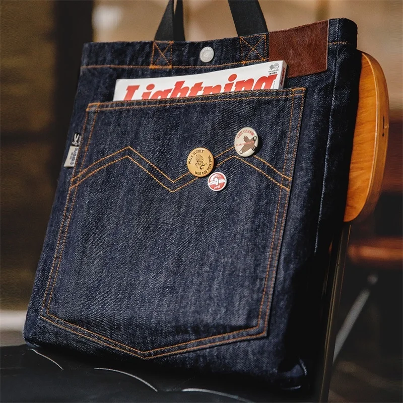 Madden Workwear Borsa a tracolla singola in denim retrò americano con tracolla singola Borsa tote per tablet portatile di grande capacità ricamata per uomo