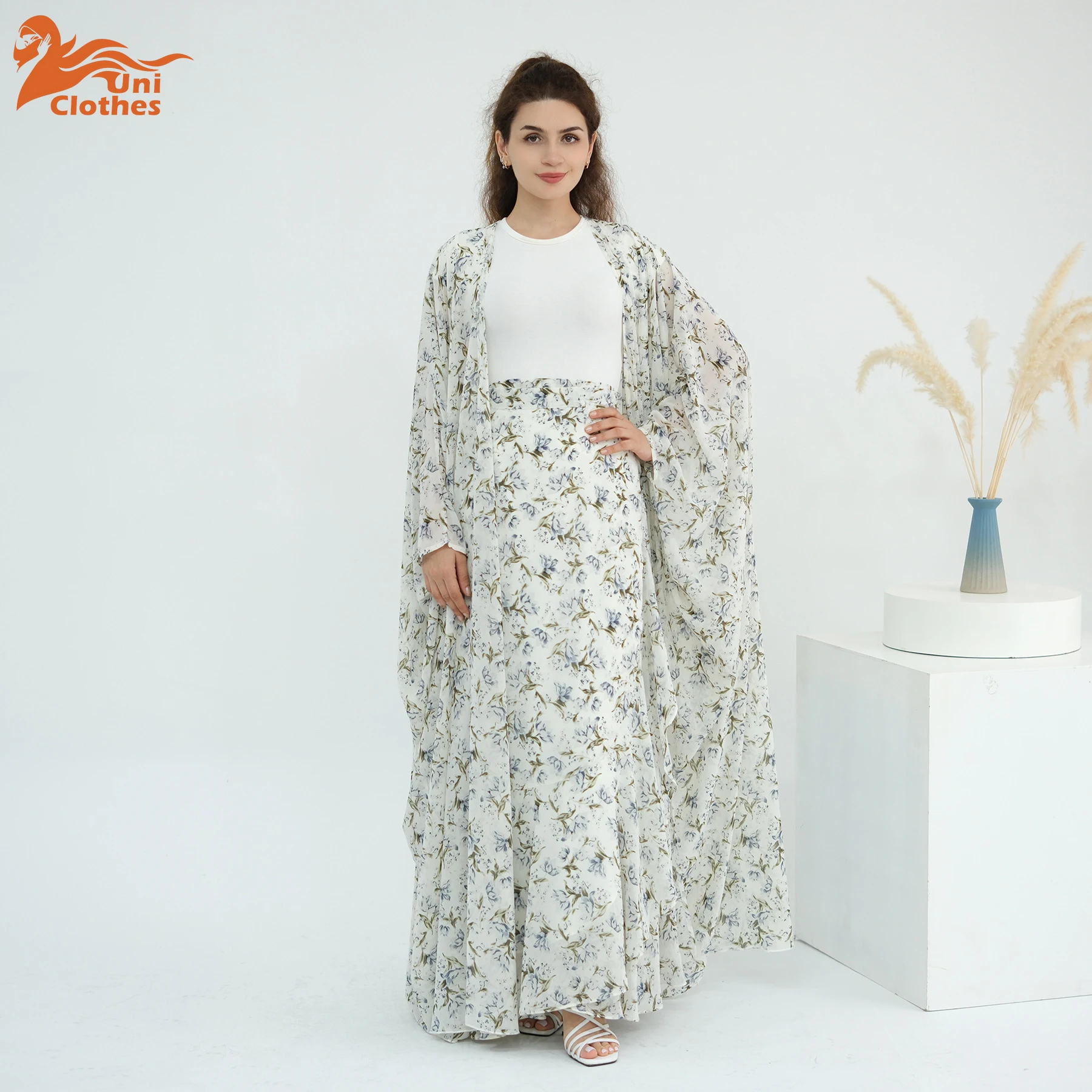 

UNI Eid Chiffon Print Muslim Women Abaya Dress Dubai Luxury Kimono Cardigan with Skirt 2 Piece Set Kaftan Robe Islam Clothing