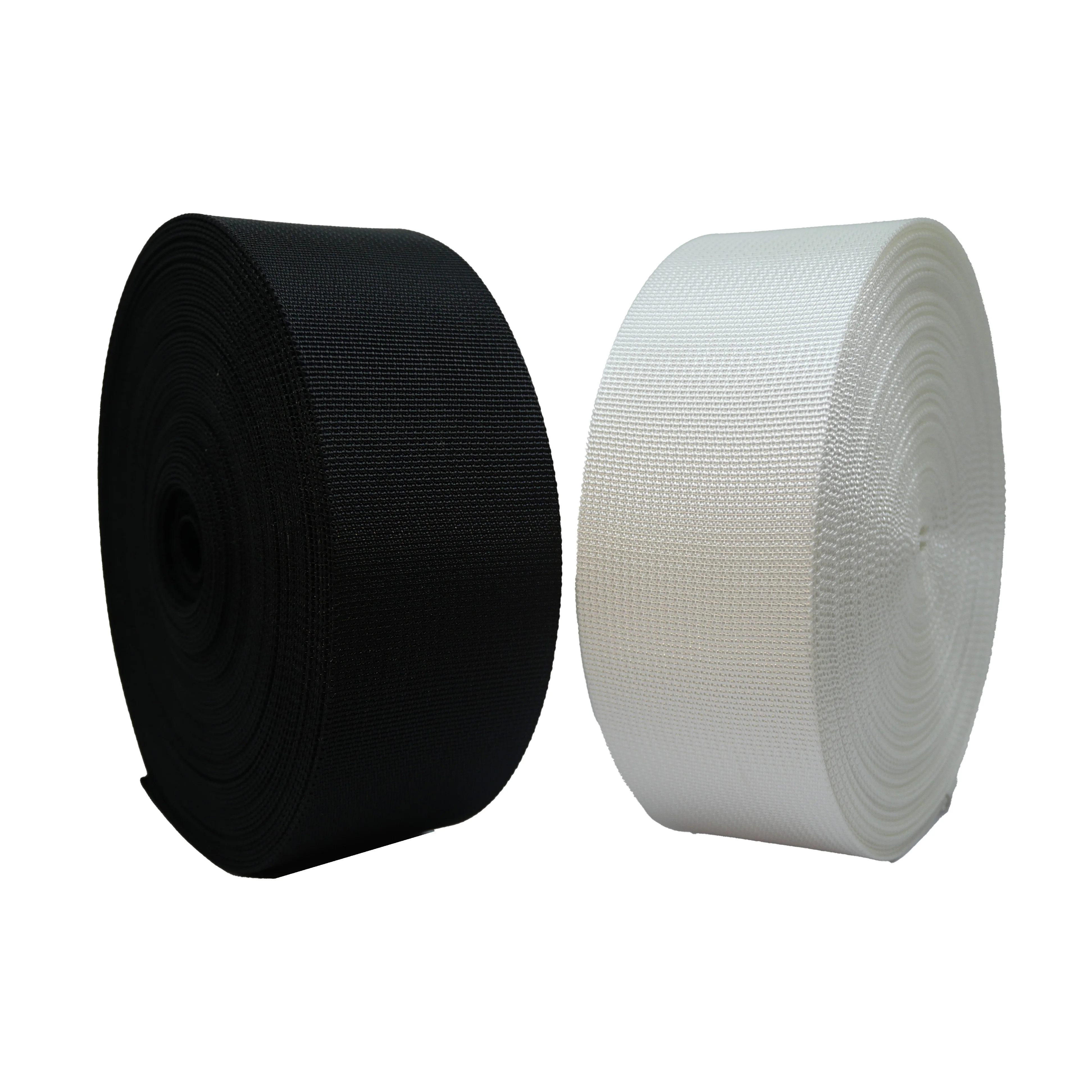 15 m long and 5 cm wide polyester webbing rolled with durable black or white fabric tape, used for packaging and t