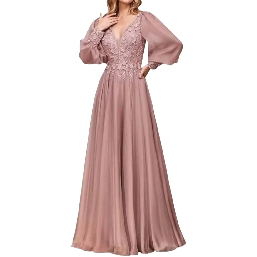 

Lace Appliques Mother of The Bride Dresses Long Sleeve Formal Evening Gown Chiffon V-Neck Wedding Guest Dresses Back Lace up