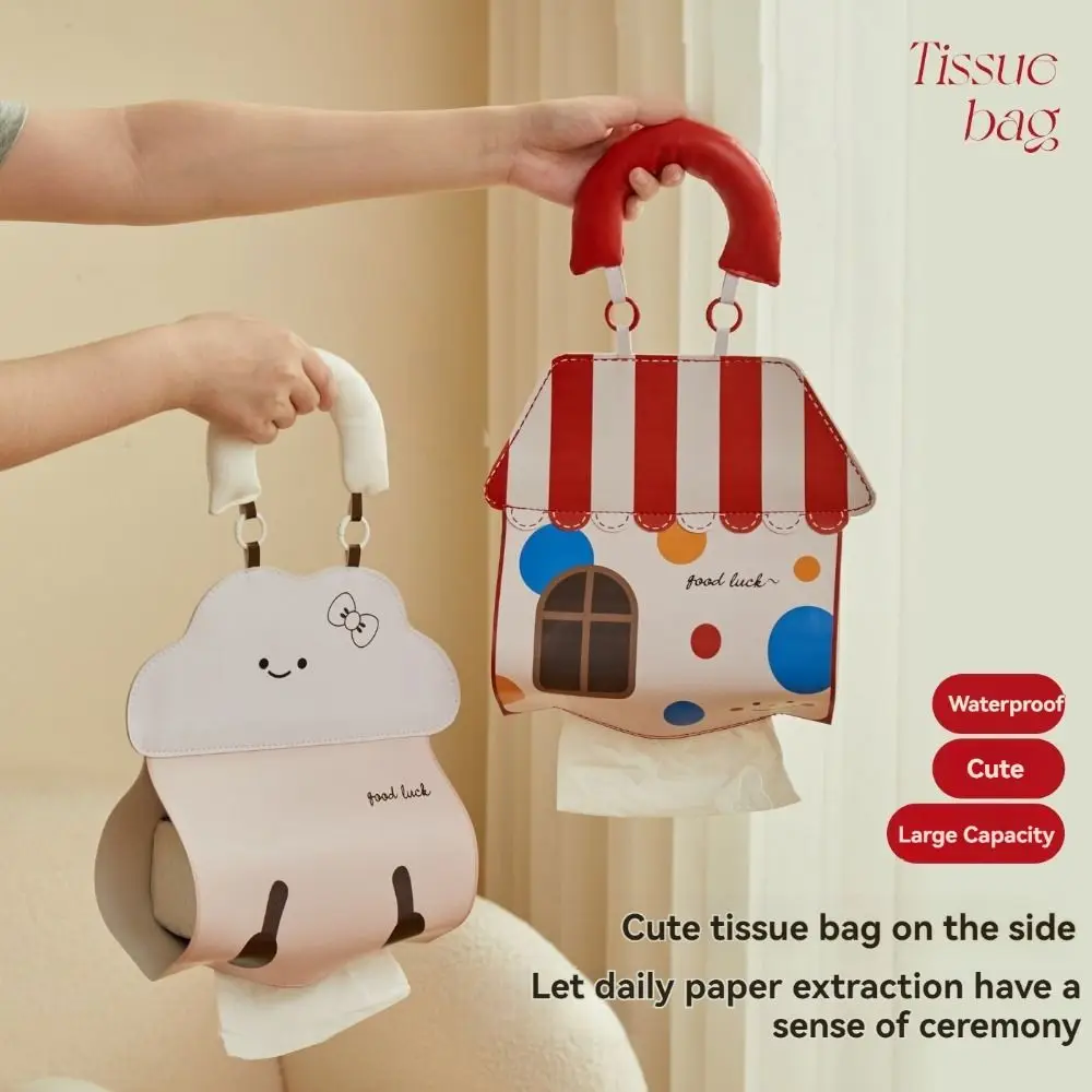

PU Hanging Tissue Bag Cartoon Waterproof Wall Hanging Napkin Dispenser Reusable Top Handle Car Napkin Box Dormitory
